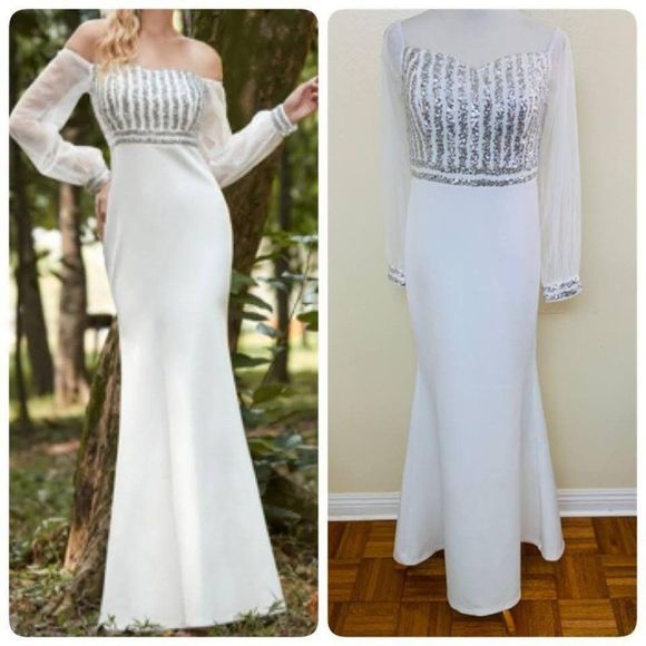 Ever Pretty Dresses & Skirts - Ever-Pretty Cold Shoulder Sequin Dress Mermaid Scuba Sz 10 White 0711